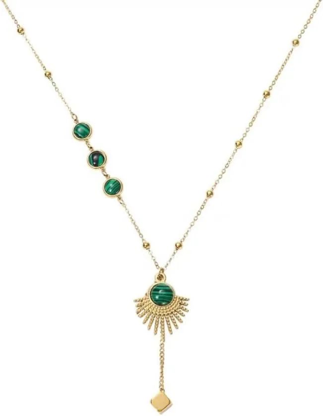 Vintage Green Turquoise Choker Necklace For Women, 14K Gold Plated Stainless Steel Metal Adjustable Link Chain, Simple Unique Jewelry Sun Pendant Necklace for Wedding Prom