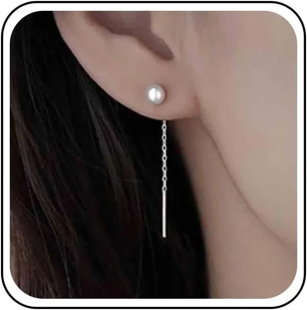 Vintage Pearl Threader Earrings Silver Chain Drop Earrings Pearl Threader Chain Earrings Long Pull Through Earrings Jewelry for Women
