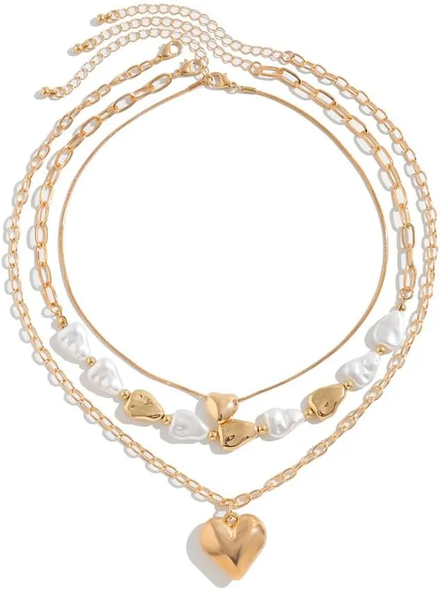 Vintage Thick Chunky Heart Pendant Necklace for Women Pearl Love Hearts Exaggerate Choker Necklaces Multi Layered Stacking Link Chain Statement Jewelry Party