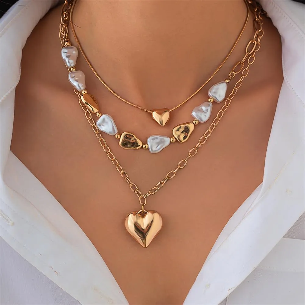 Vintage Thick Chunky Heart Pendant Necklace for Women Pearl Love Hearts Exaggerate Choker Necklaces Multi Layered Stacking Link Chain Statement Jewelry Party