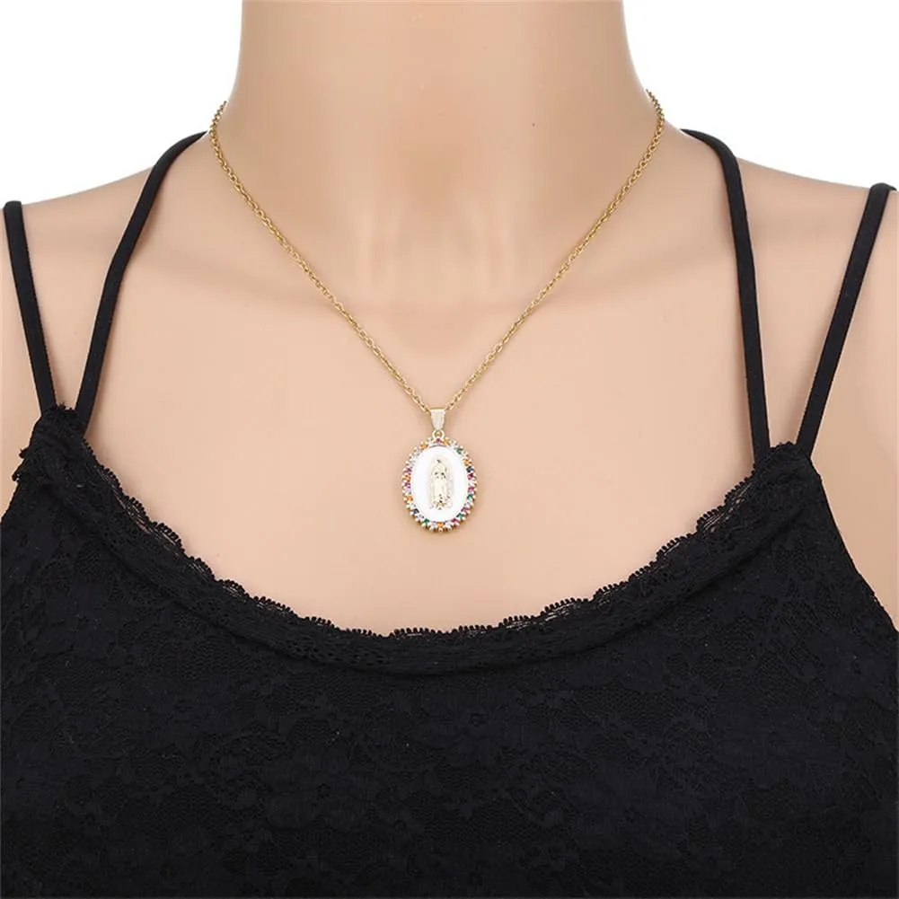 Virgin Mary Necklace for Women Mother Mary Miraculous Medals Catholic Pendant Necklace Cz Zirconia Lady of Guadalupe Necklace Christian Jewelry