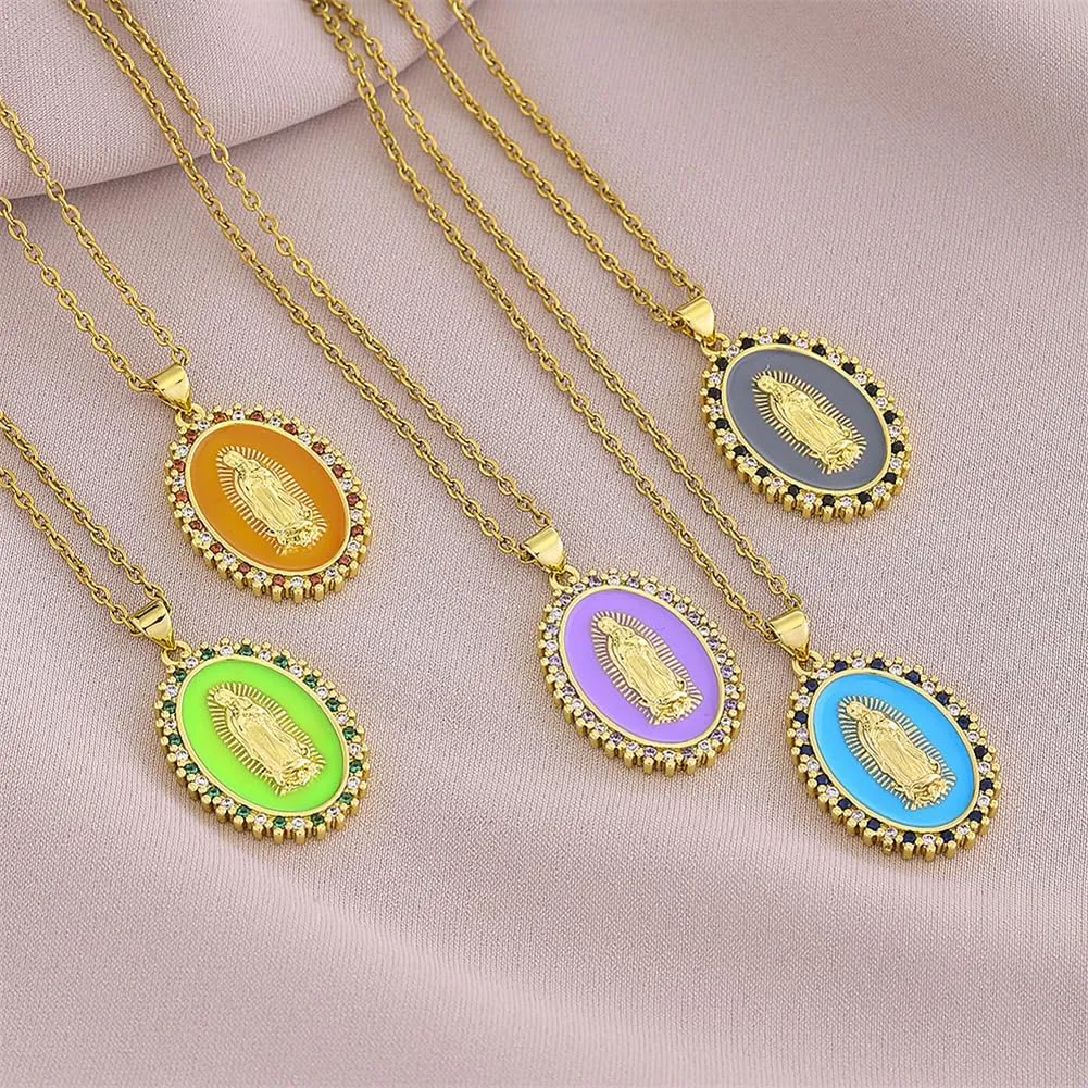 Virgin Mary Necklace for Women Mother Mary Miraculous Medals Catholic Pendant Necklace Cz Zirconia Lady of Guadalupe Necklace Christian Jewelry
