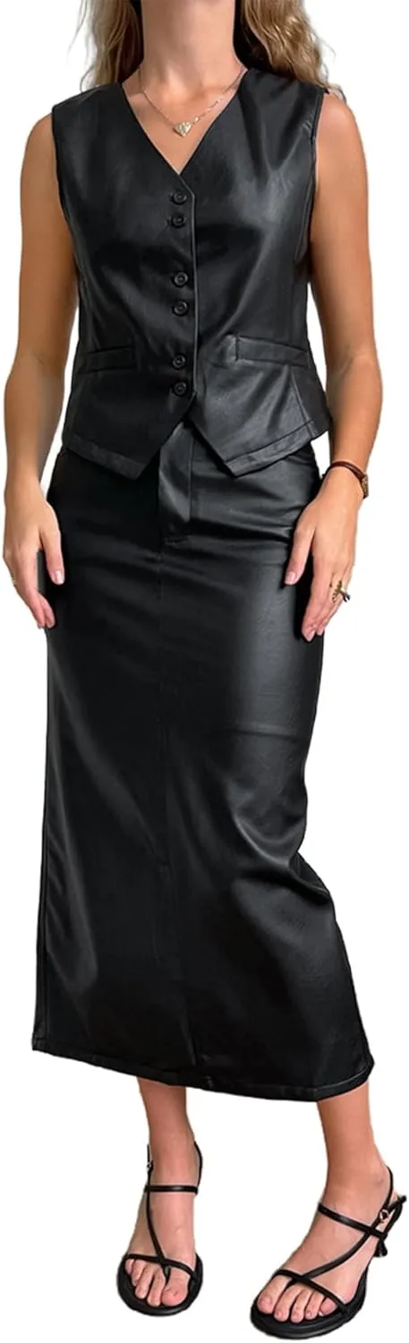 VOIKERDR Skirt Sets Women 2 Piece Outfits Leather Vest and Maxi Skirts Sexy Two Piece Outfits