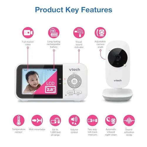 VTech VM819 Baby Monitor, 2.8 Screen, Night Vision, 2-Way Audio, Temperature Sensor and Lullabies, Secure Transmission No WiFi