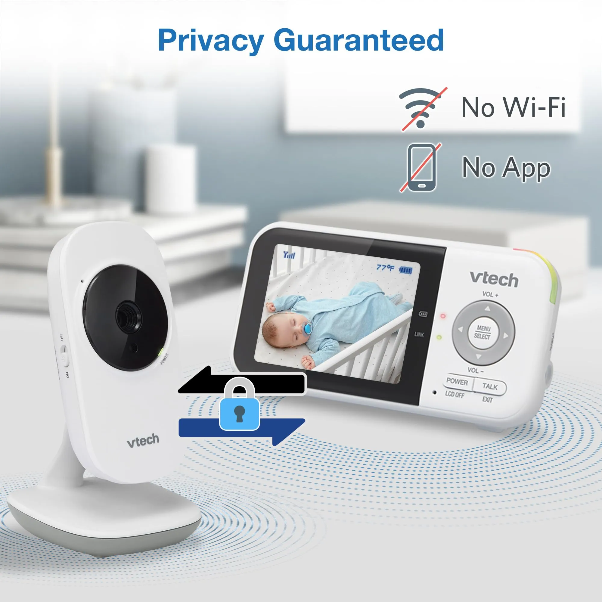VTech VM819 Baby Monitor, 2.8 Screen, Night Vision, 2-Way Audio, Temperature Sensor and Lullabies, Secure Transmission No WiFi