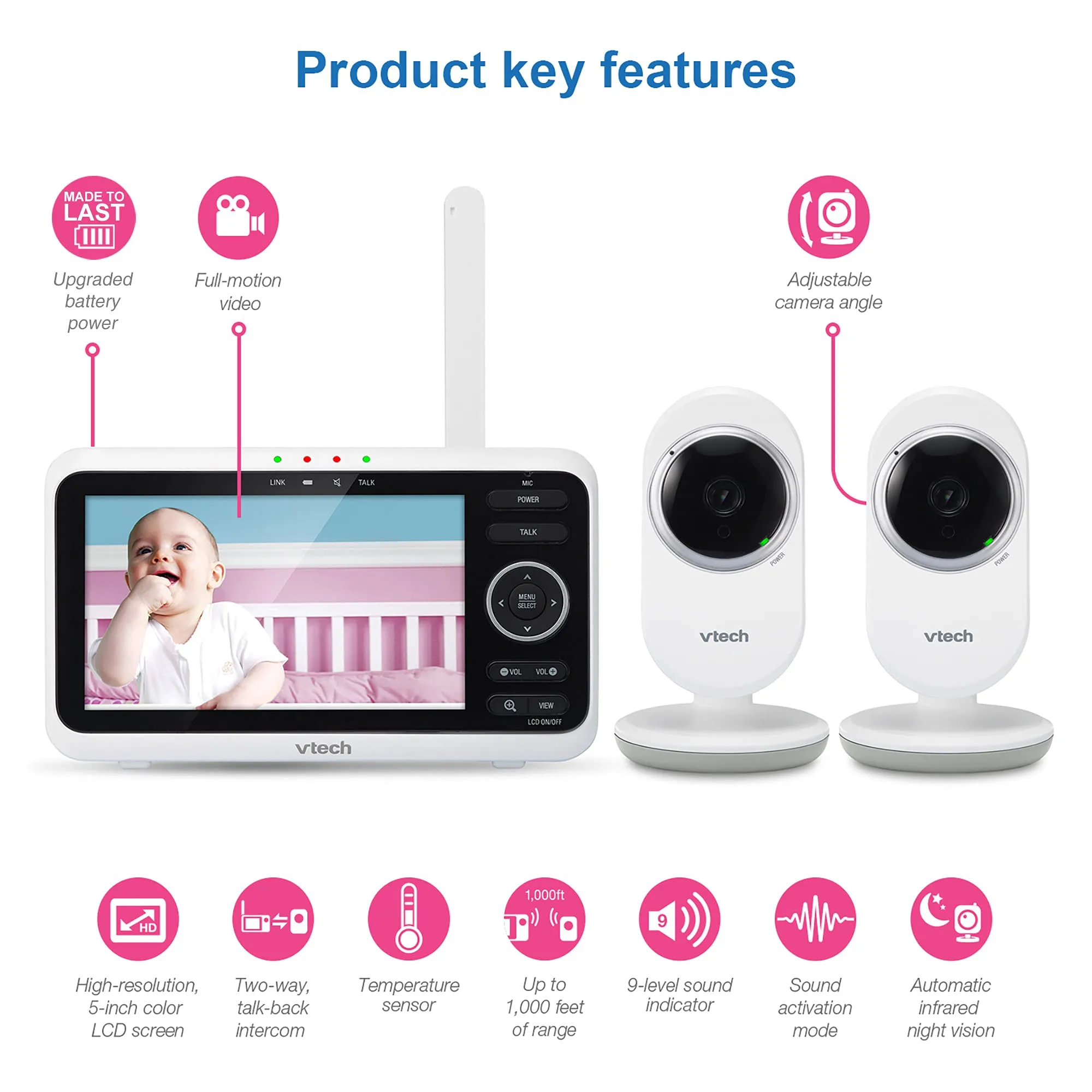 VTech VM819 Baby Monitor, 2.8 Screen, Night Vision, 2-Way Audio, Temperature Sensor and Lullabies, Secure Transmission No WiFi
