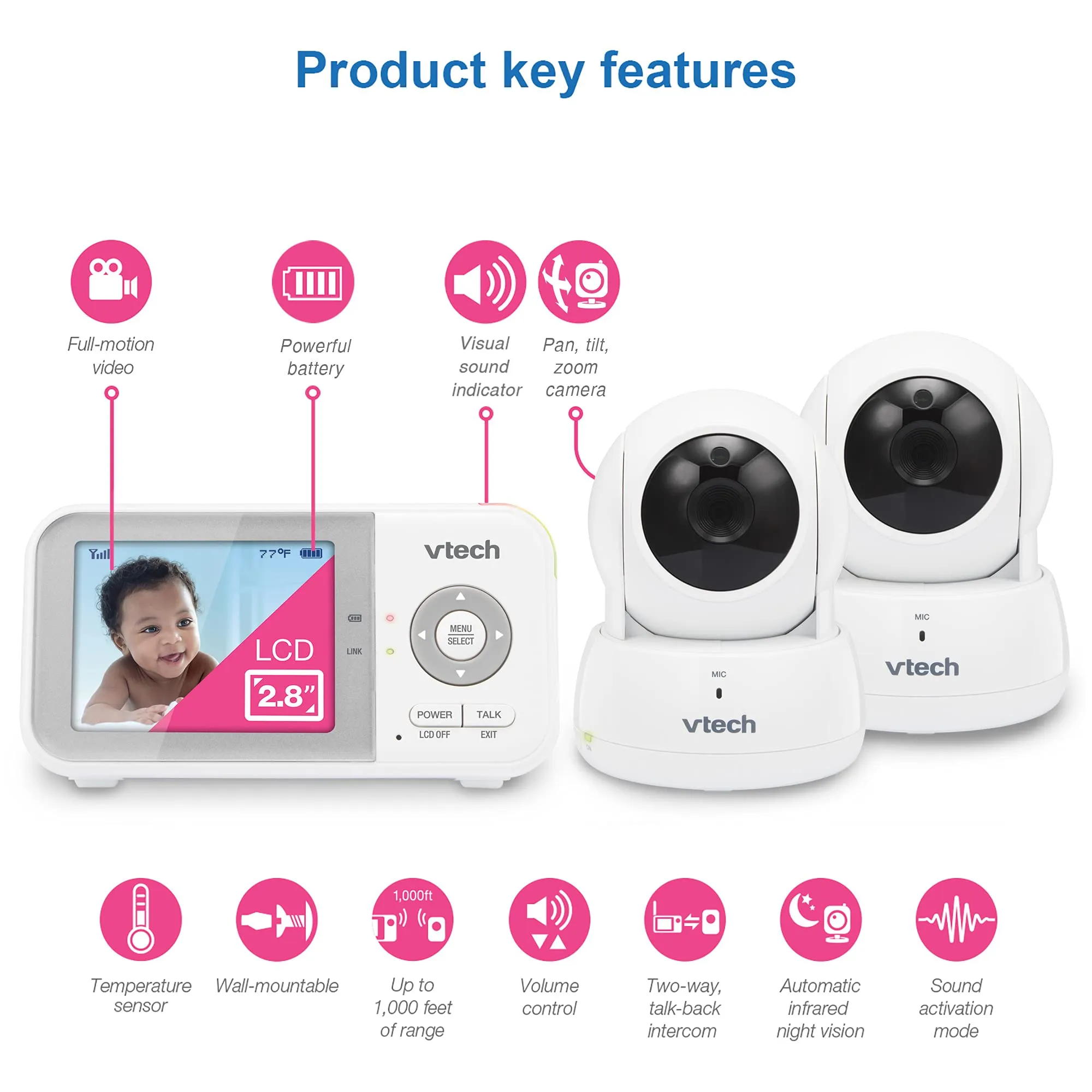 VTech VM819 Baby Monitor, 2.8 Screen, Night Vision, 2-Way Audio, Temperature Sensor and Lullabies, Secure Transmission No WiFi