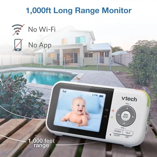 VTech VM819 Baby Monitor, 2.8 Screen, Night Vision, 2-Way Audio, Temperature Sensor and Lullabies, Secure Transmission No WiFi
