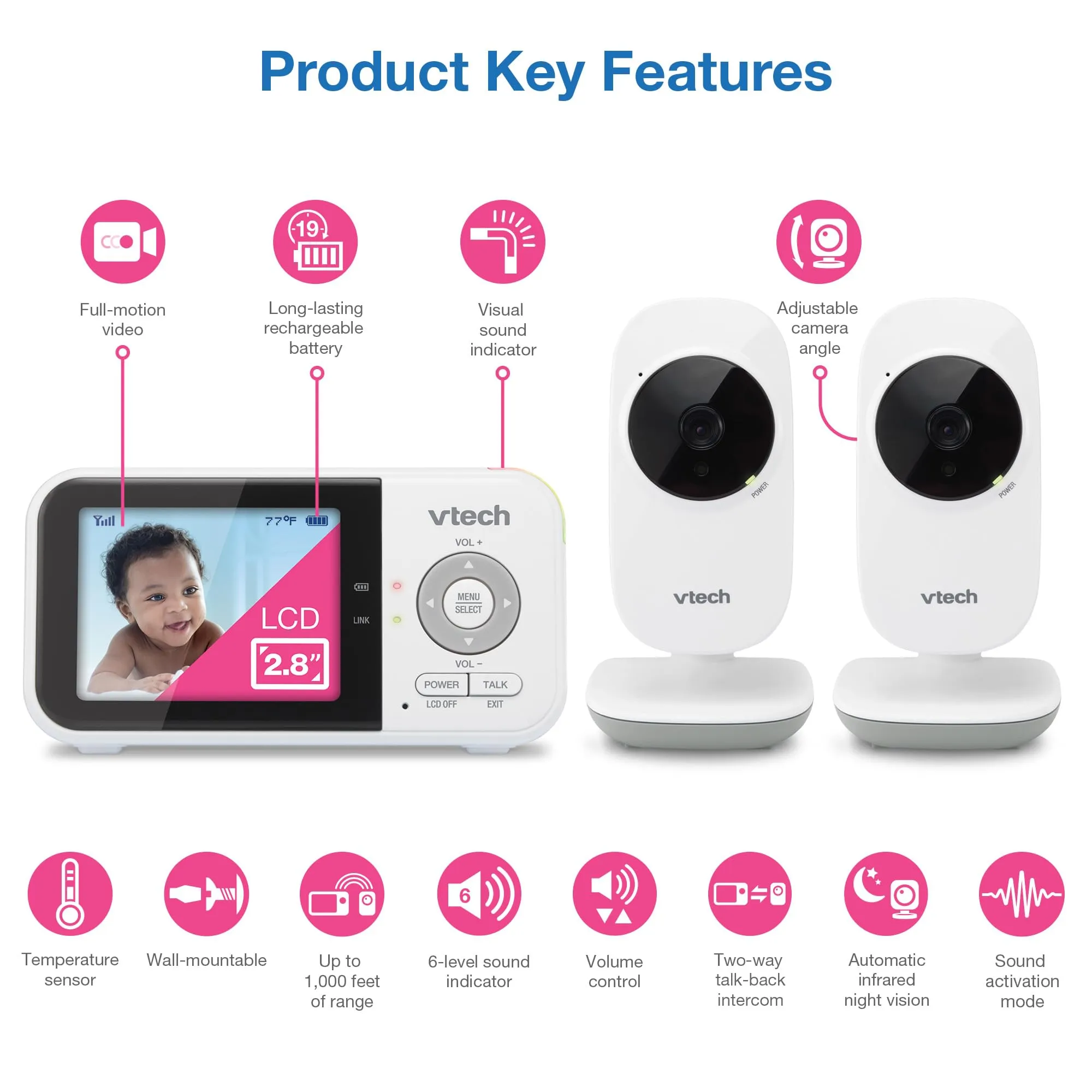 VTech VM819 Baby Monitor, 2.8 Screen, Night Vision, 2-Way Audio, Temperature Sensor and Lullabies, Secure Transmission No WiFi