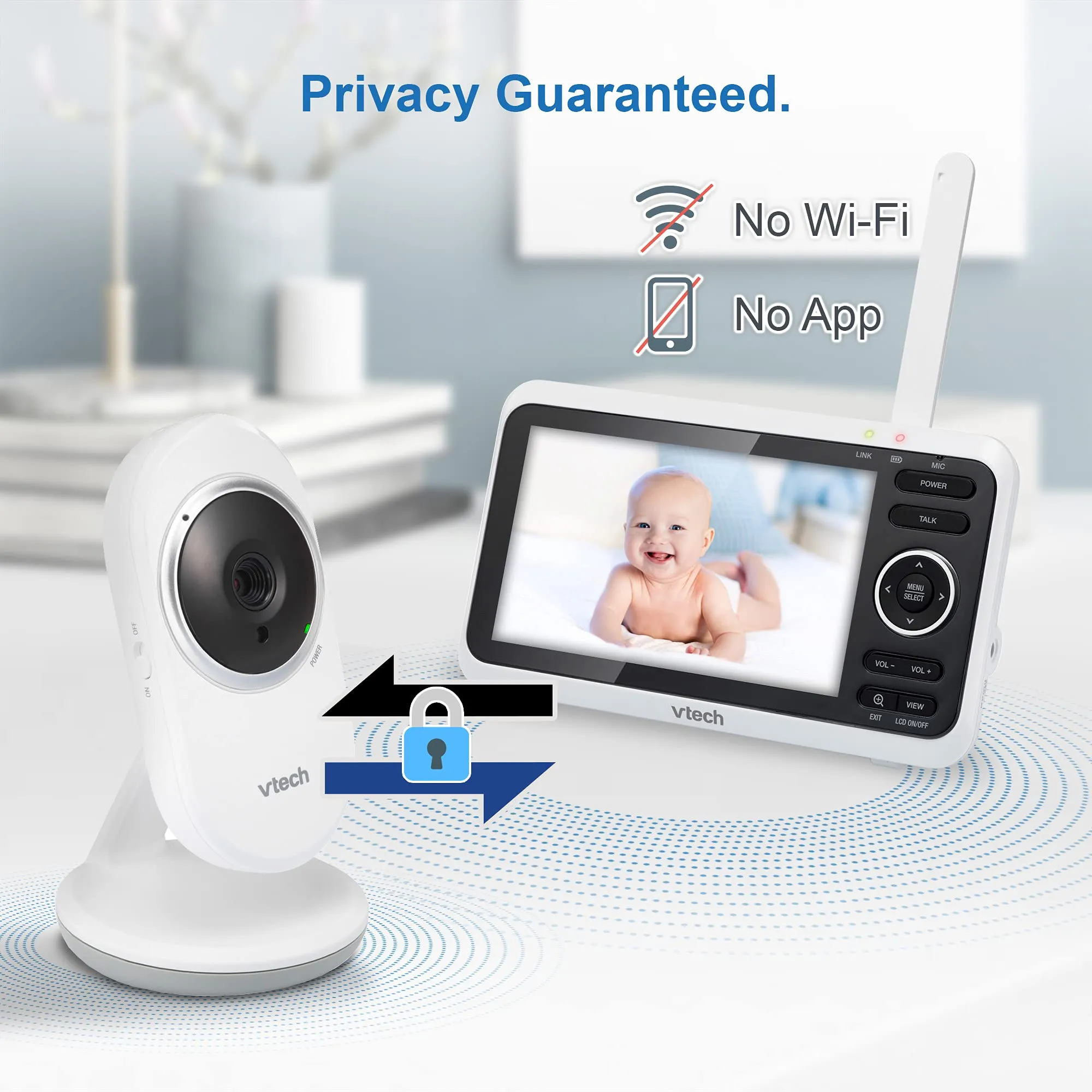 VTech VM819 Baby Monitor, 2.8 Screen, Night Vision, 2-Way Audio, Temperature Sensor and Lullabies, Secure Transmission No WiFi