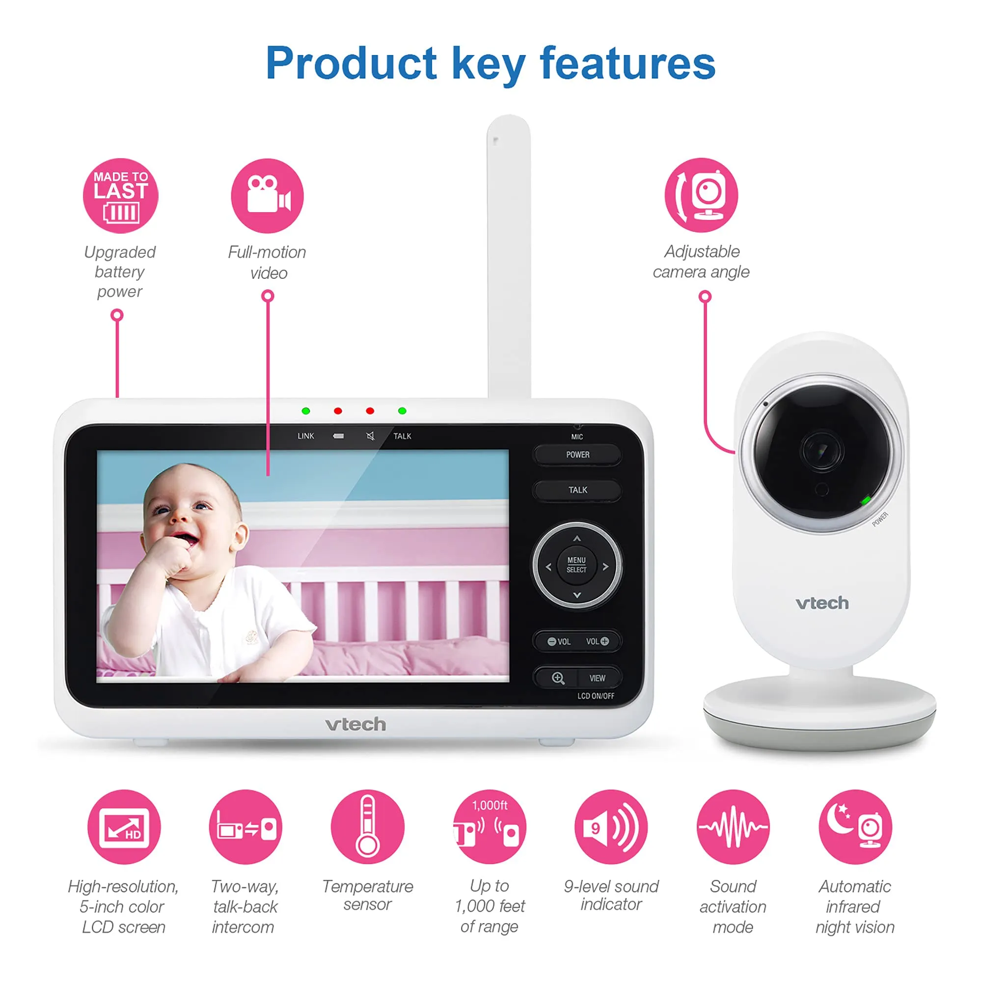 VTech VM819 Baby Monitor, 2.8 Screen, Night Vision, 2-Way Audio, Temperature Sensor and Lullabies, Secure Transmission No WiFi