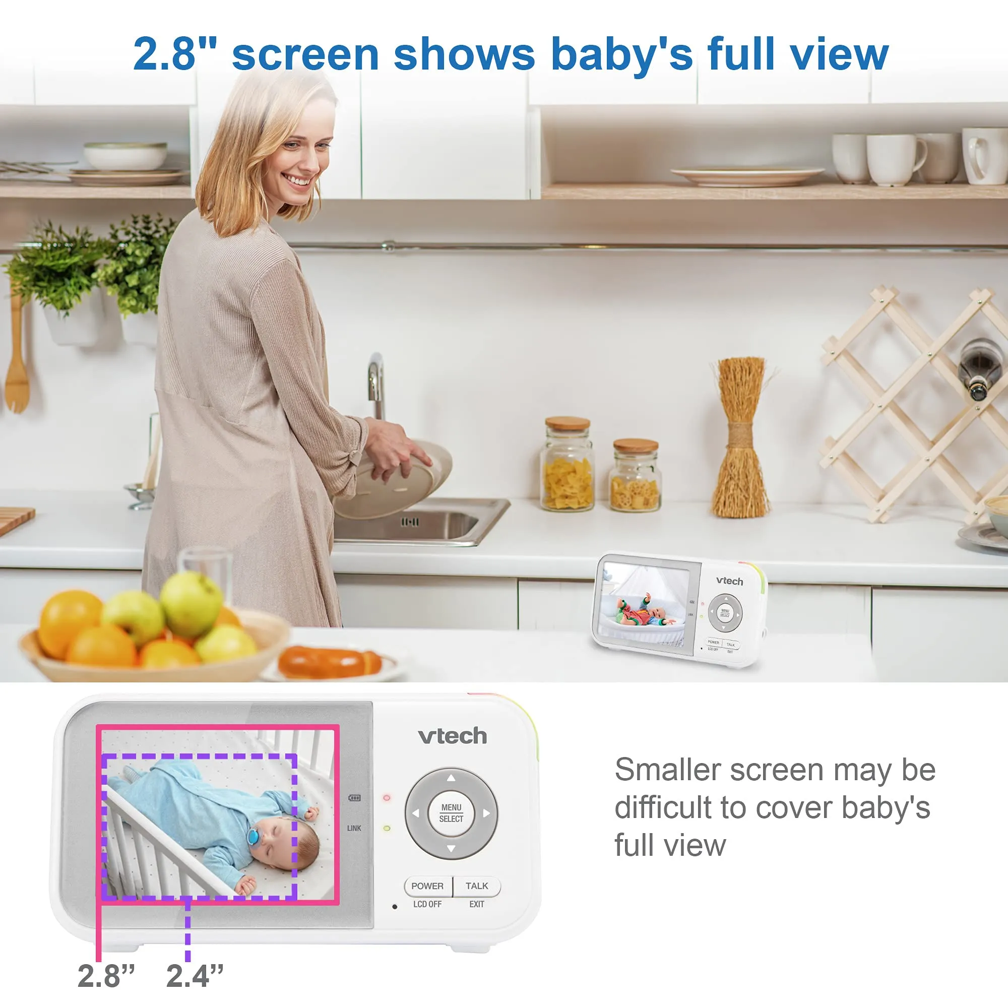 VTech VM819 Baby Monitor, 2.8 Screen, Night Vision, 2-Way Audio, Temperature Sensor and Lullabies, Secure Transmission No WiFi