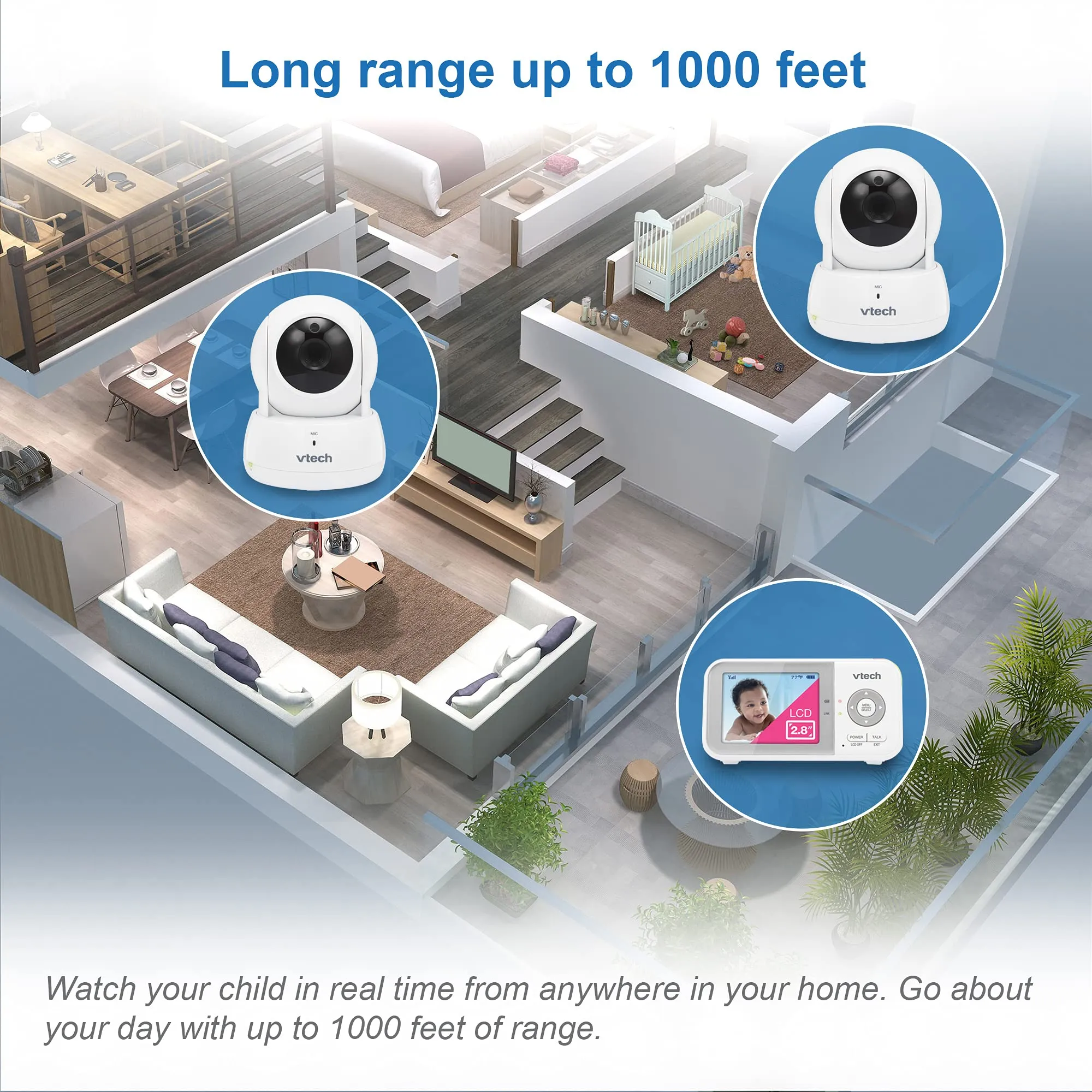 VTech VM819 Baby Monitor, 2.8 Screen, Night Vision, 2-Way Audio, Temperature Sensor and Lullabies, Secure Transmission No WiFi