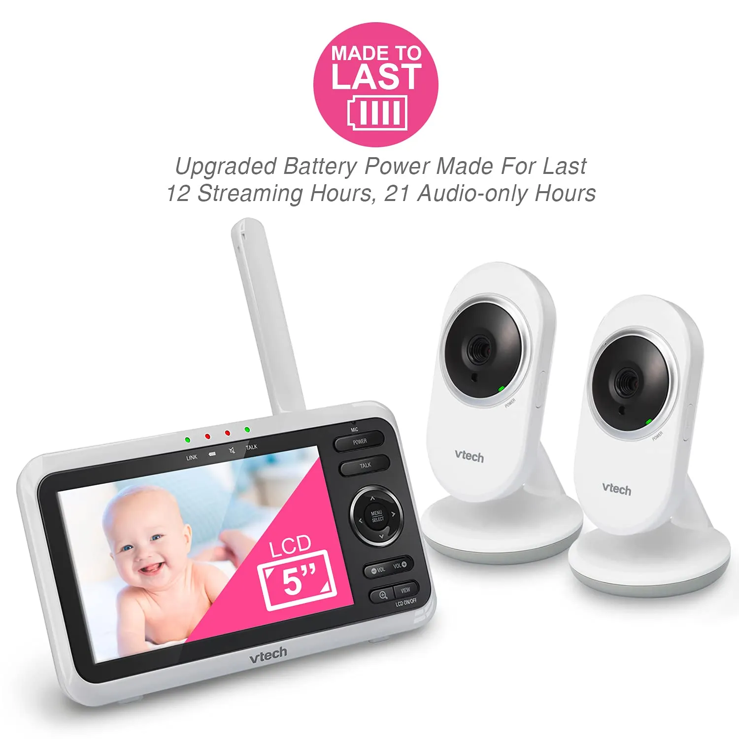 VTech VM819 Baby Monitor, 2.8 Screen, Night Vision, 2-Way Audio, Temperature Sensor and Lullabies, Secure Transmission No WiFi