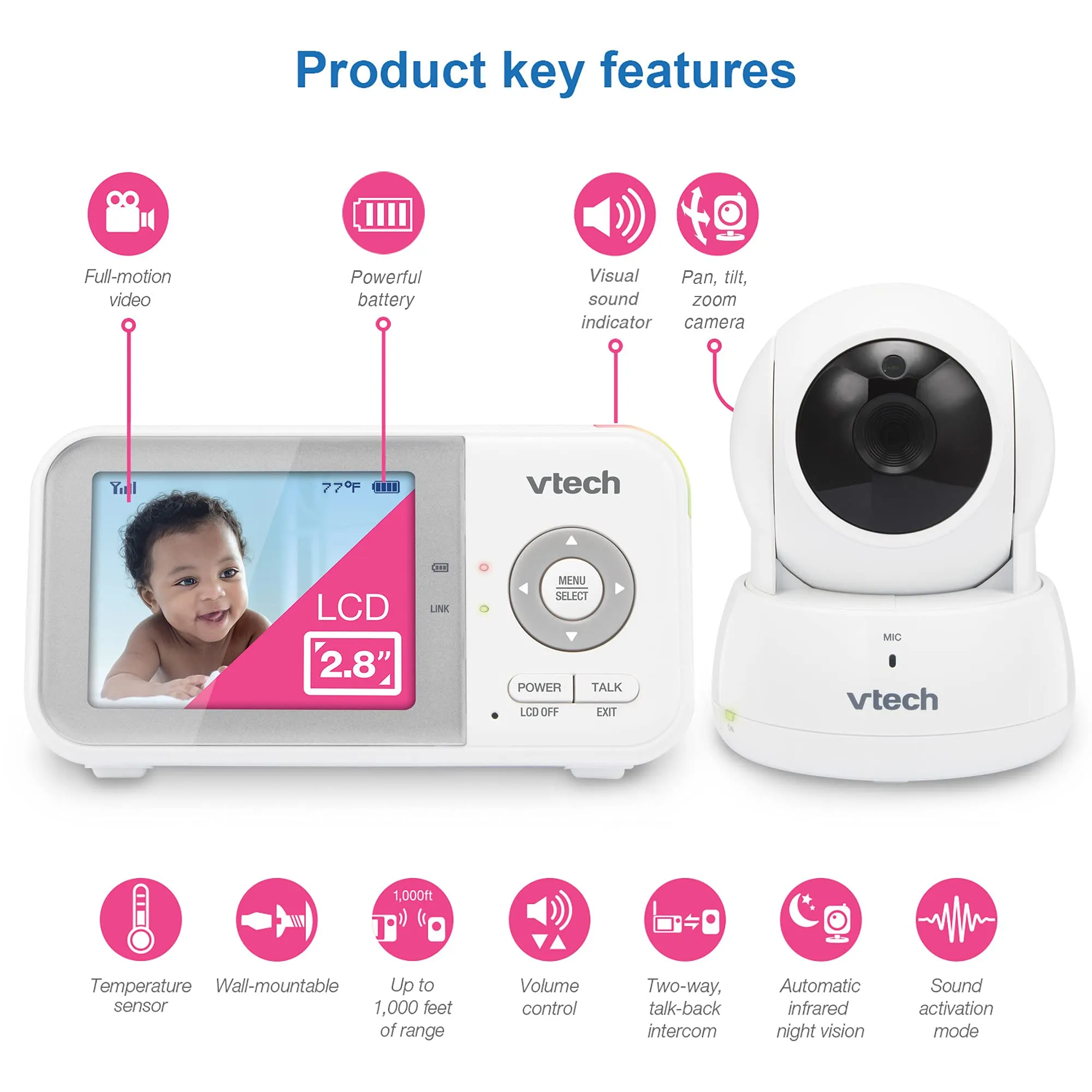 VTech VM819 Baby Monitor, 2.8 Screen, Night Vision, 2-Way Audio, Temperature Sensor and Lullabies, Secure Transmission No WiFi