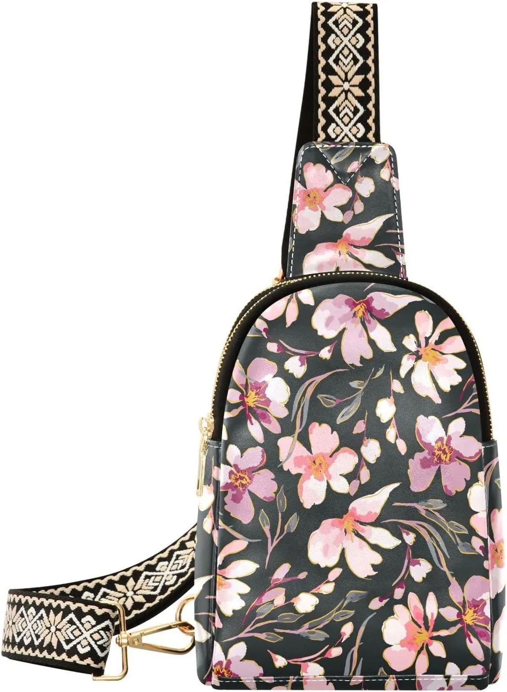 Watercolor Pink Wildflowers Fanny Pack Crossbody PC Leather Small Sling Bag for Women Fashion Waist Packs Chest Bag for Travel Sports Running Hiking