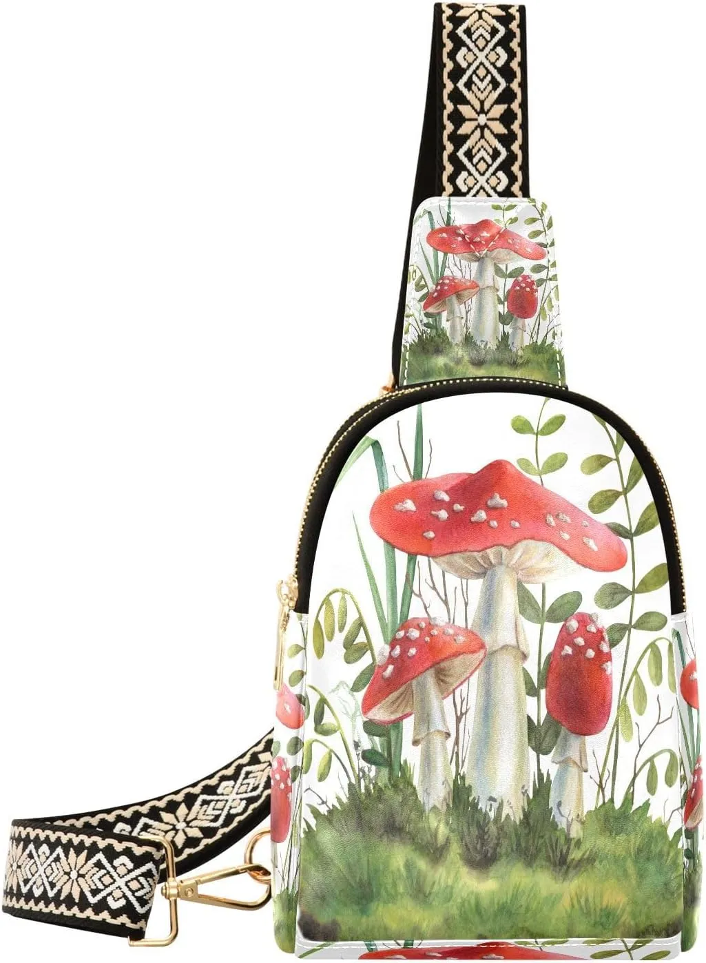 Watercolor Red Mushroom Fanny Pack Crossbody PC Leather Small Sling Bag for Women Hand Drawn Fashion Waist Packs Chest Bag for Travel Sports Running Hiking