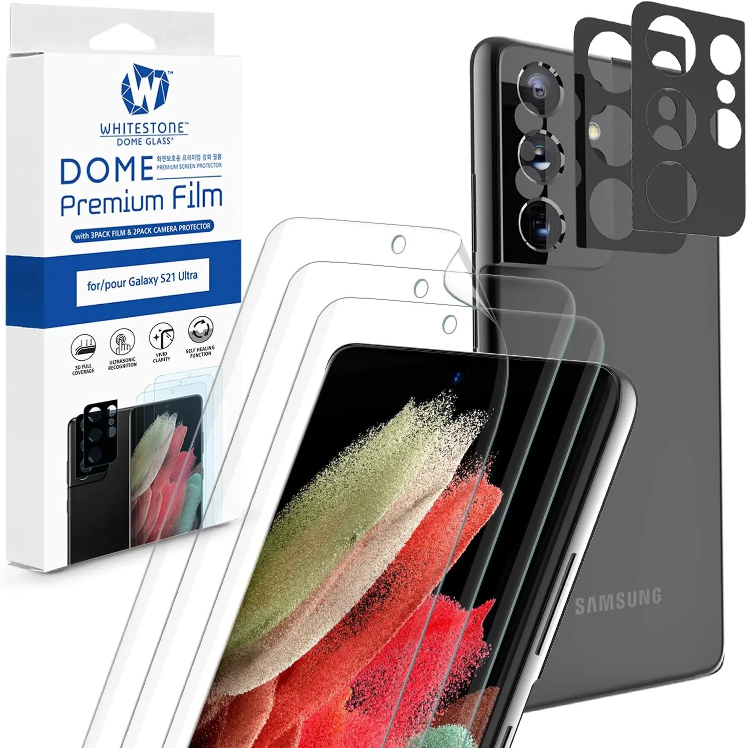 Whitestone Dome Premium Film [Glass-Like Film] Screen Protector for Galaxy S21 with Camera Lens Protectors [3 2-Pack]