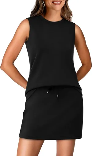 WIHOLL Two Piece Skirt Sets for Women Summer Vacation Outfits Tennis Skirt Crew Neck Top Versatile Lounge Sets