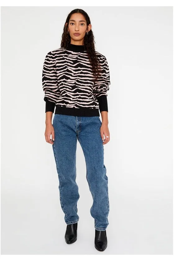 Wild Pony Black And White Zebra Print Intarsia-Knit Sweater With Puff Sleeves