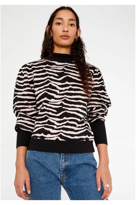 Wild Pony Black And White Zebra Print Intarsia-Knit Sweater With Puff Sleeves