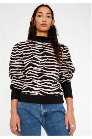 Wild Pony Black And White Zebra Print Intarsia-Knit Sweater With Puff Sleeves
