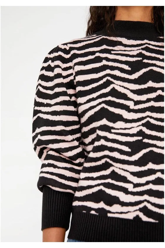 Wild Pony Black And White Zebra Print Intarsia-Knit Sweater With Puff Sleeves