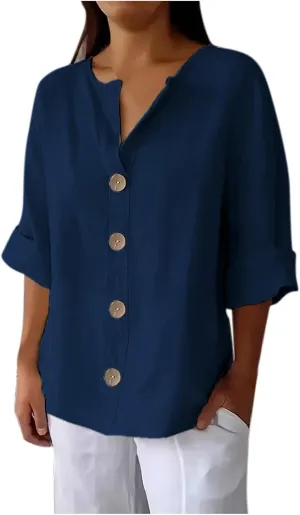 Women Boho Cotton Linen Tops Loose Fitting Summer Blouses 3/4 Sleeve V Neck Tunic Shirts Trendy Beach Clothing 2025