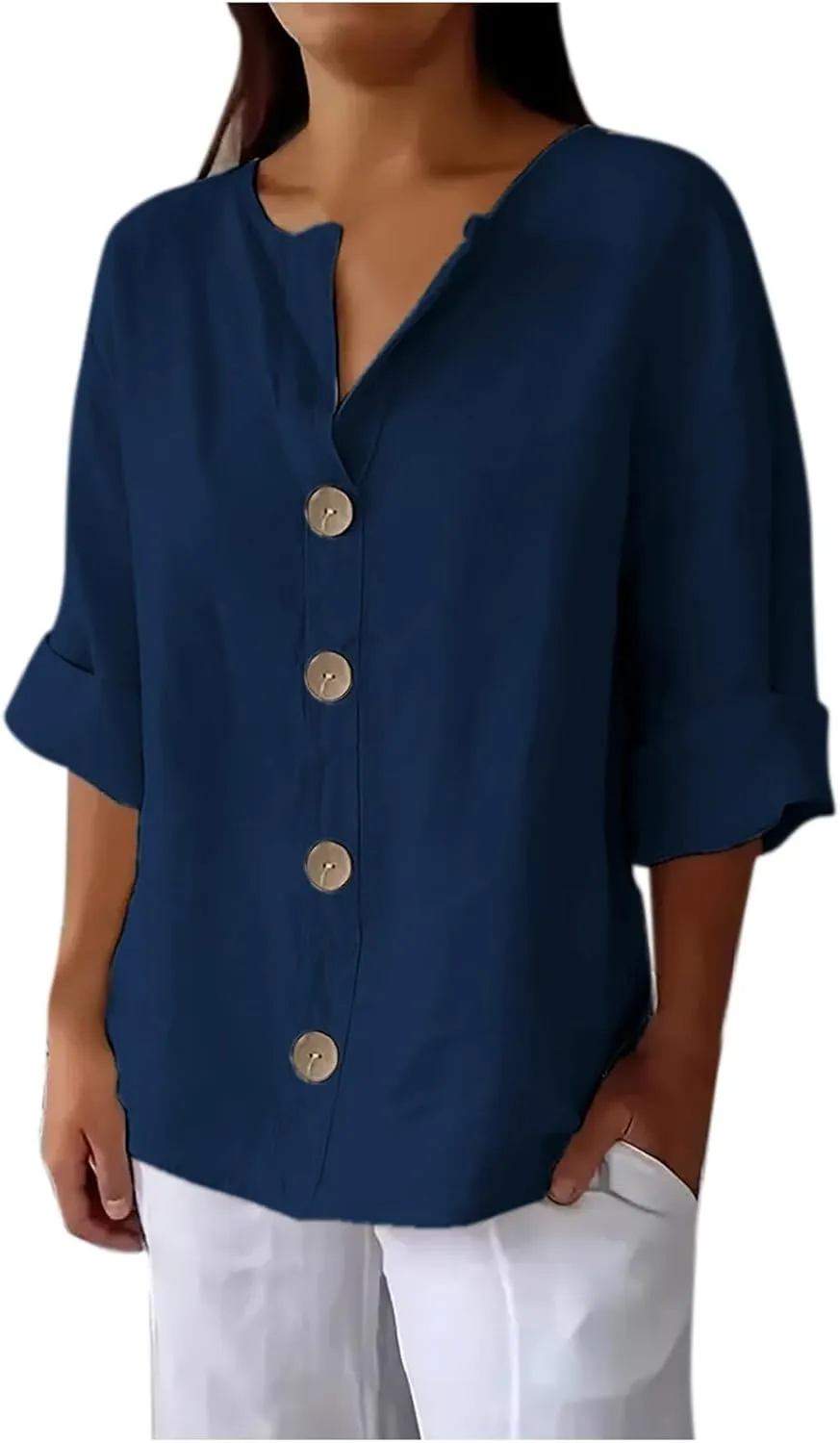 Women Boho Cotton Linen Tops Loose Fitting Summer Blouses 3/4 Sleeve V Neck Tunic Shirts Trendy Beach Clothing 2025
