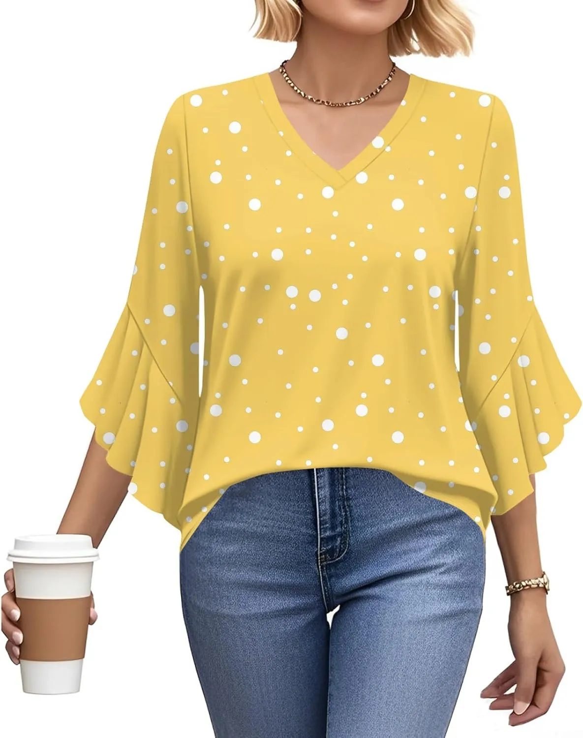 Women Casual Loose Vintage V-Neck 3/4 Sleeve Summer Tops