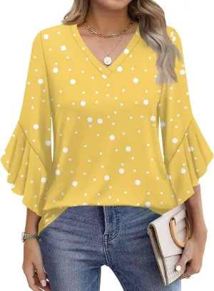 Women Casual Loose Vintage V-Neck 3/4 Sleeve Summer Tops