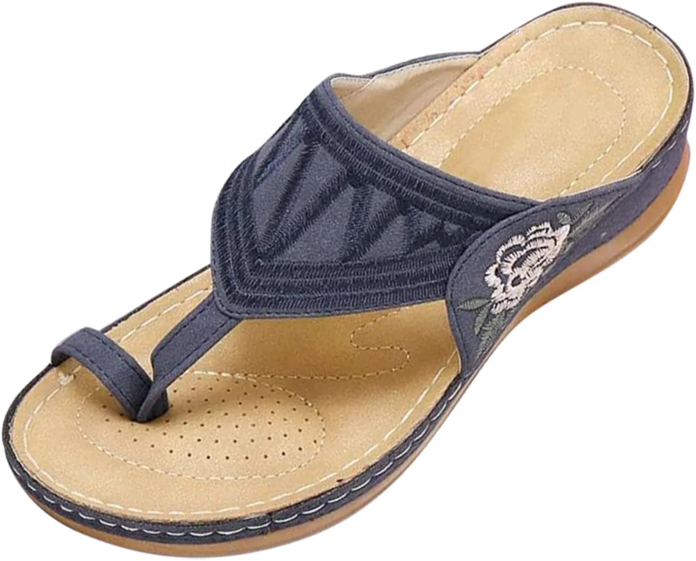 Women Comfortable Wedge Flip Flop Orthopedic Sandals Summer Casual Flower Embroidered Thong Clip Toe Slip-on Slipper Ergonomic Soles Slides Beach Shoes