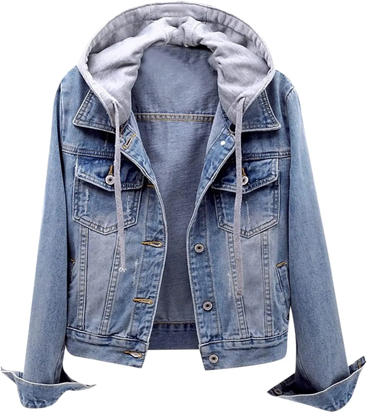 Women Denim Jacket with Hood Jean Coats Fashion Hoodies Button Down Long Sleeve Cute Outerwear Jacket