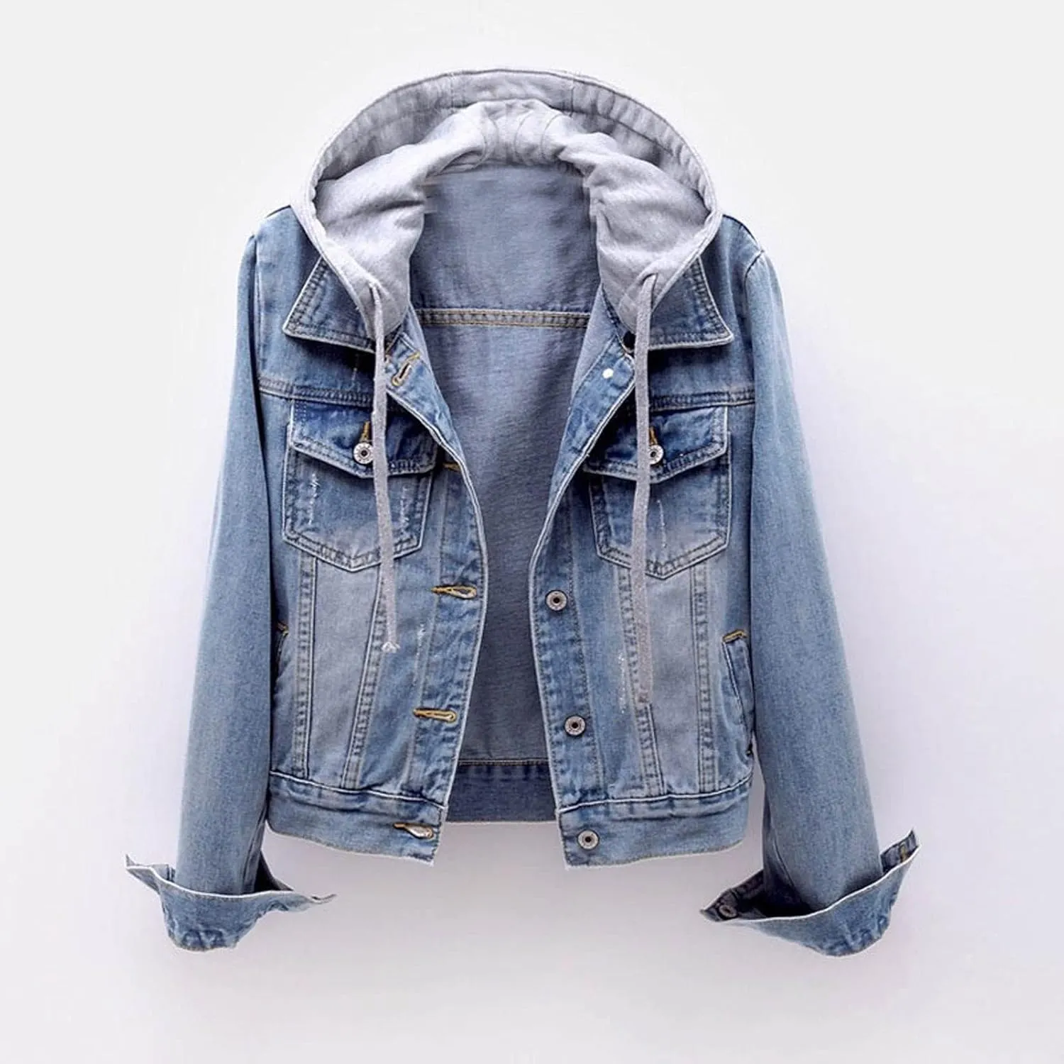 Women Denim Jacket with Hood Jean Coats Fashion Hoodies Button Down Long Sleeve Cute Outerwear Jacket