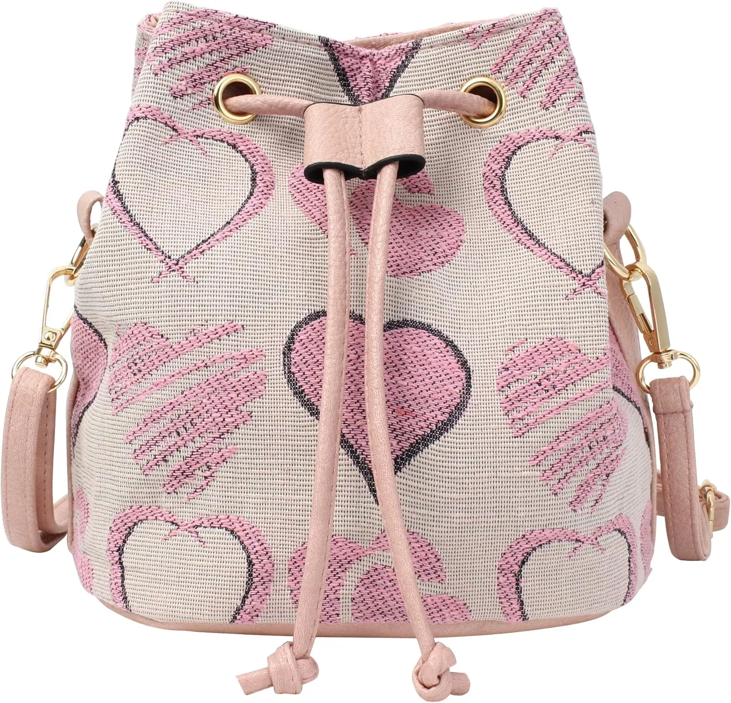 Women Faux Leather Drawstring Bucket Pink Heart Print Hobo Shoulder Purse Mini Crossbody
