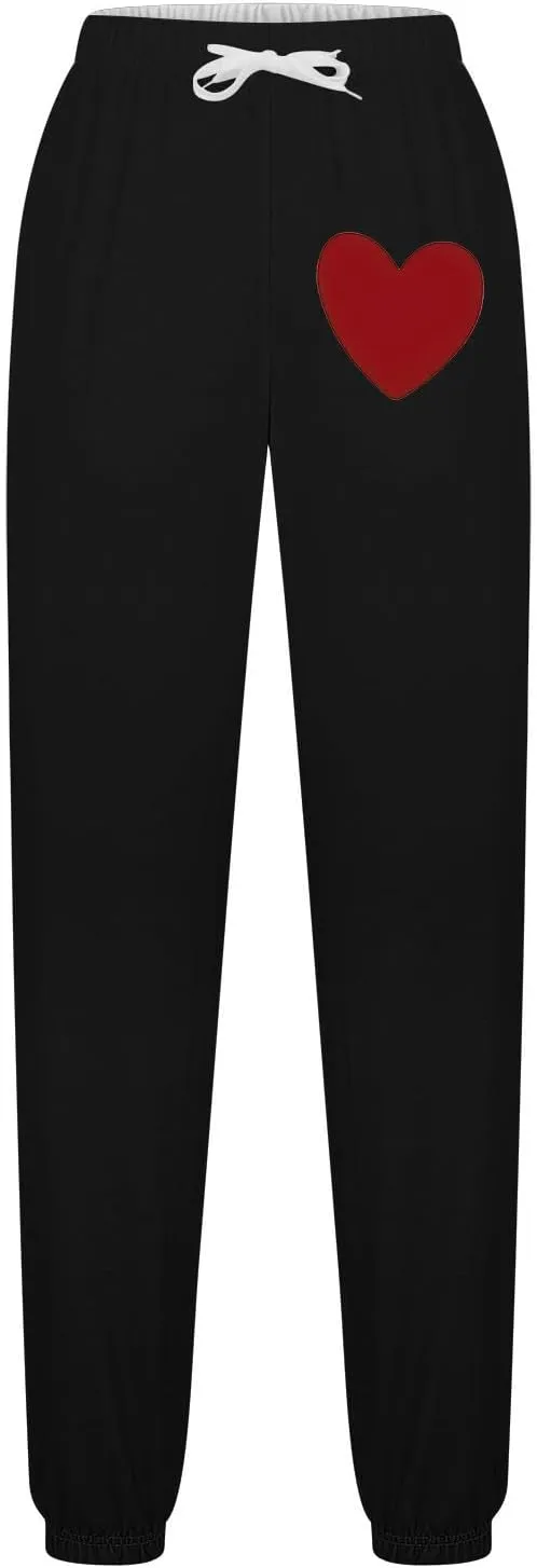 Women Heart Print Sweatpants High Waist Baggy Sweatpants Joggers Sport Active Trousers Workout Pants with Pockets