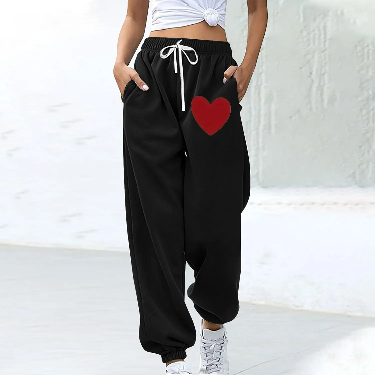 Women Heart Print Sweatpants High Waist Baggy Sweatpants Joggers Sport Active Trousers Workout Pants with Pockets