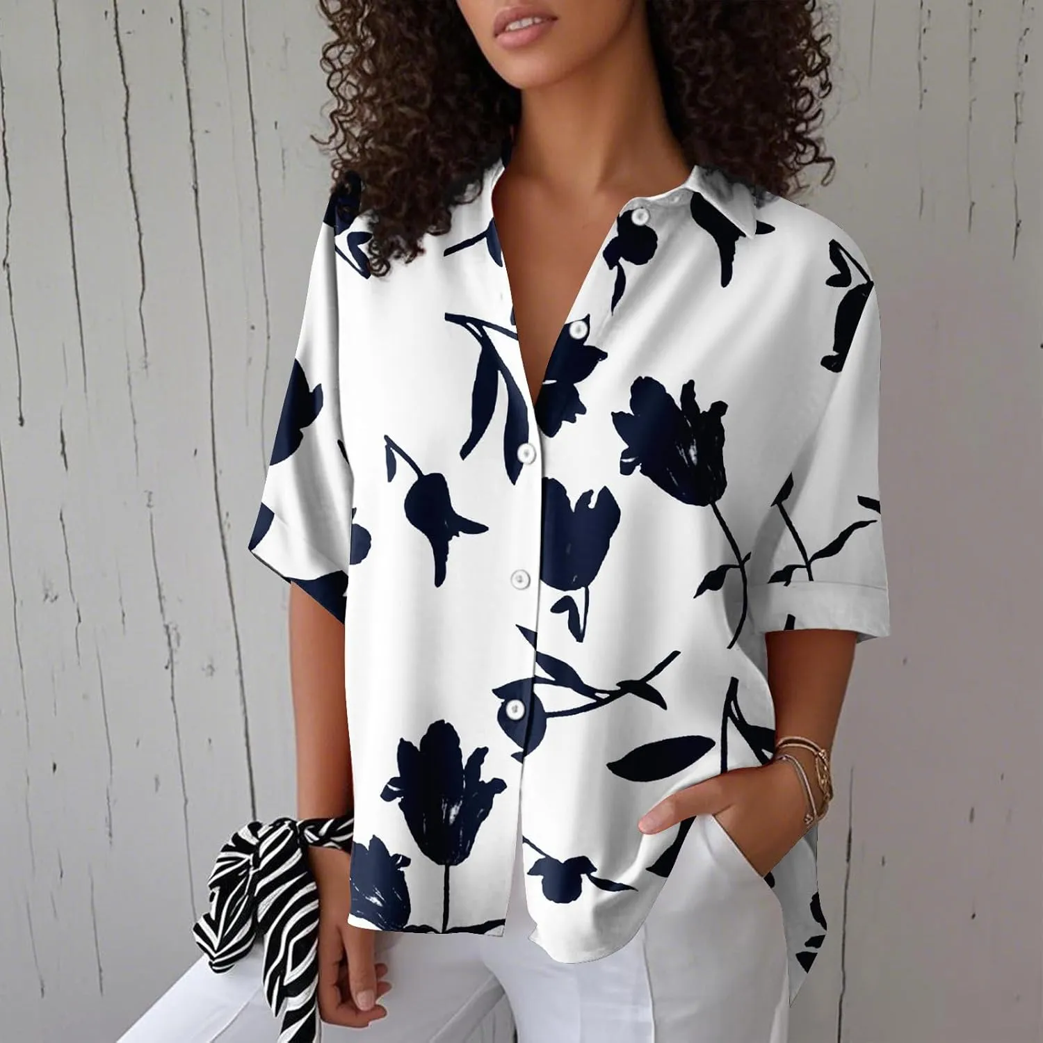 Women Linen Button Down Shirt Half Sleeve Collared Cotton Blouses Floral Printed Summer Beach Loose Casual Tops