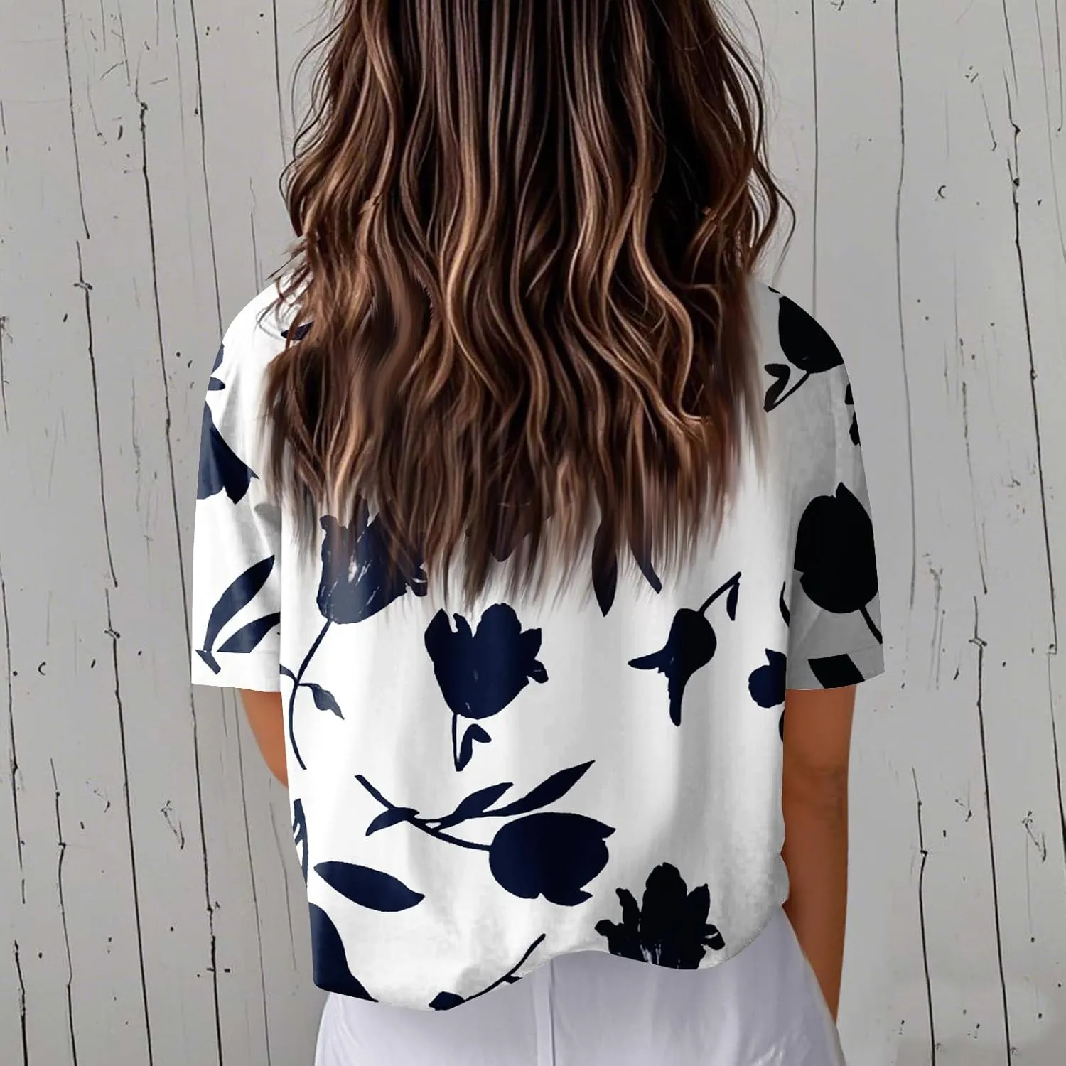 Women Linen Button Down Shirt Half Sleeve Collared Cotton Blouses Floral Printed Summer Beach Loose Casual Tops
