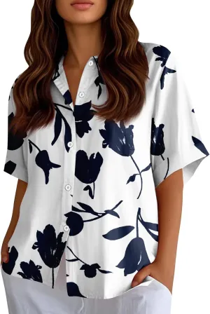 Women Linen Button Down Shirt Half Sleeve Collared Cotton Blouses Floral Printed Summer Beach Loose Casual Tops
