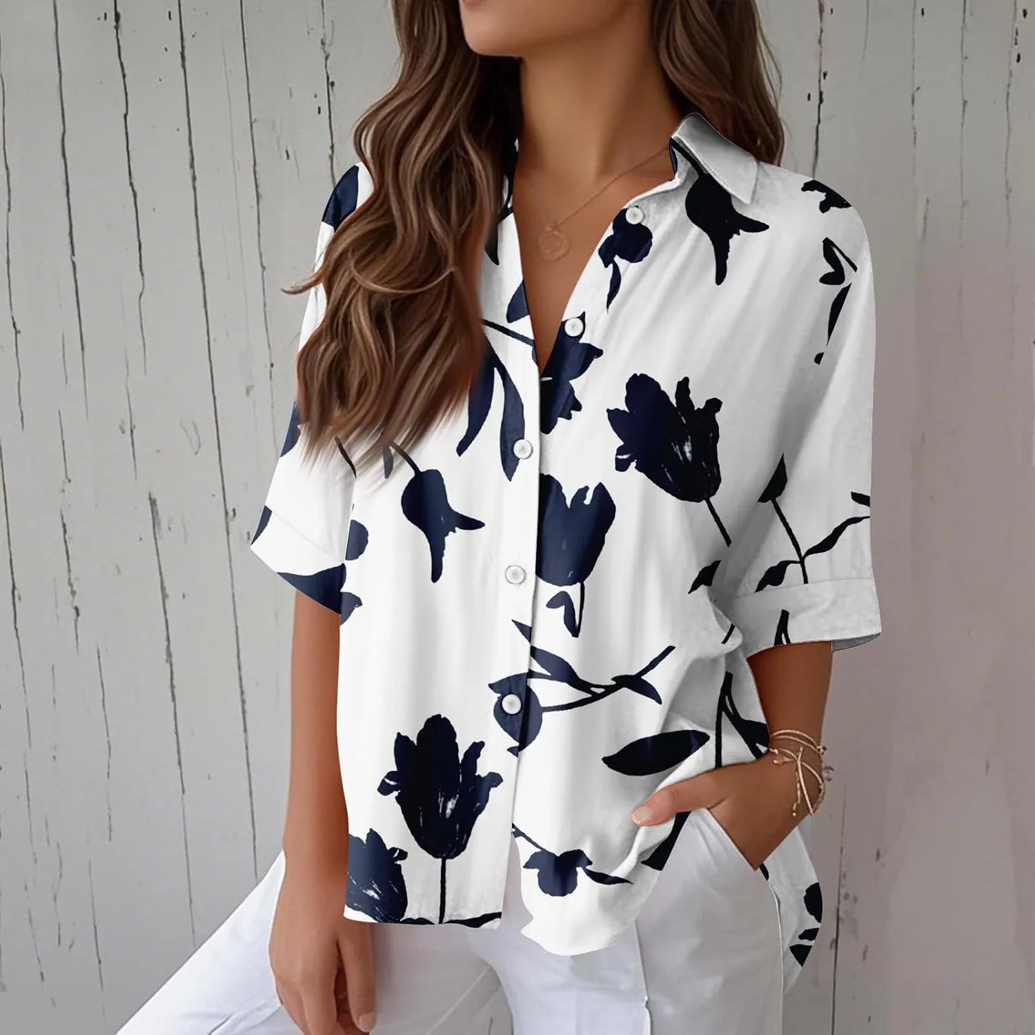 Women Linen Button Down Shirt Half Sleeve Collared Cotton Blouses Floral Printed Summer Beach Loose Casual Tops