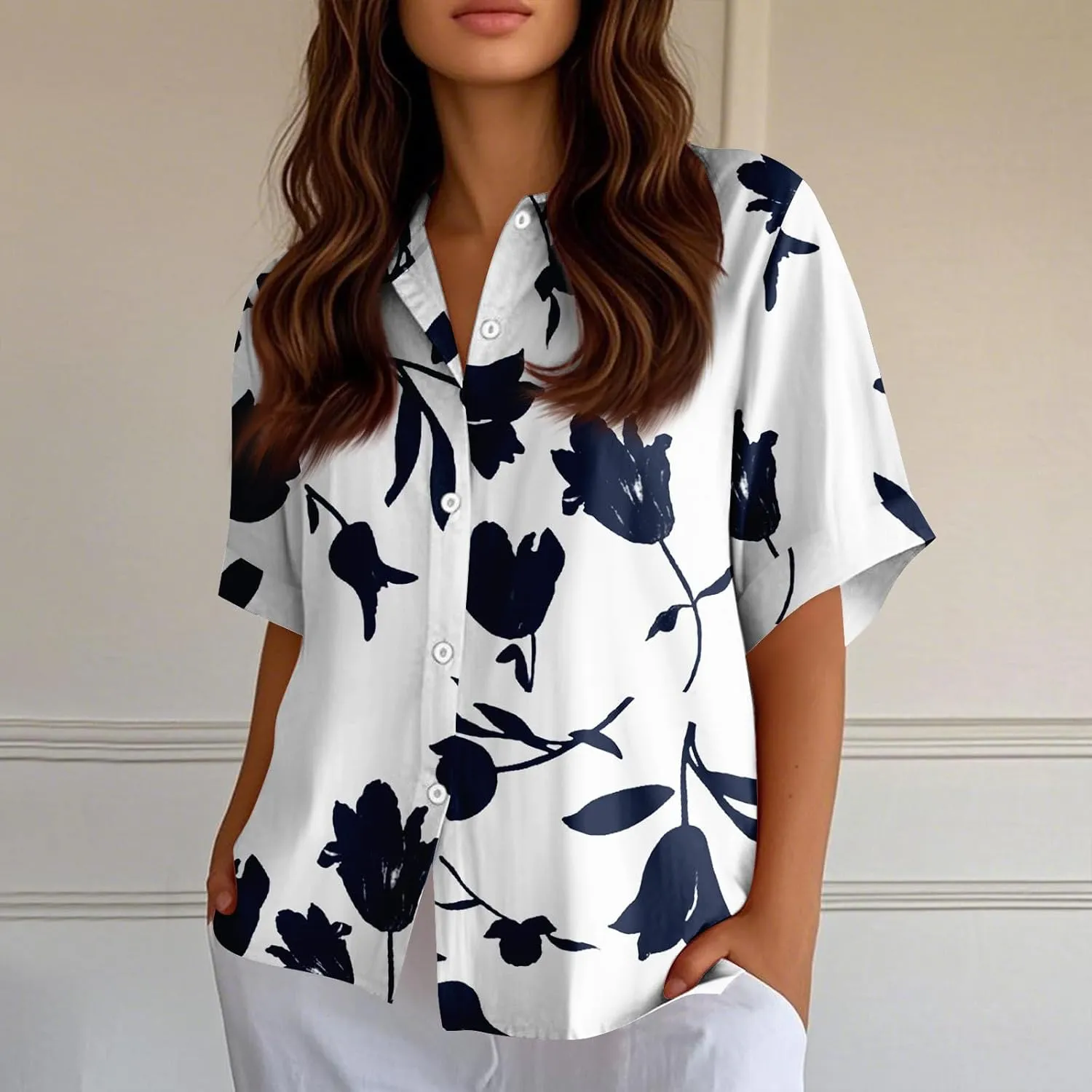 Women Linen Button Down Shirt Half Sleeve Collared Cotton Blouses Floral Printed Summer Beach Loose Casual Tops