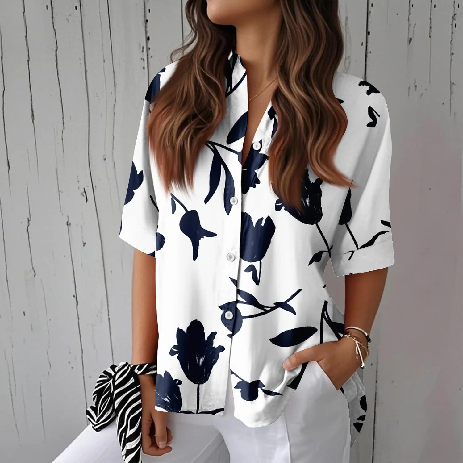 Women Linen Button Down Shirt Half Sleeve Collared Cotton Blouses Floral Printed Summer Beach Loose Casual Tops