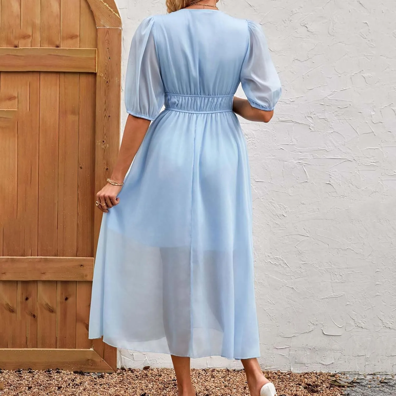 Women Puff Short Sleeve Chiffon Dress 2025 Summer V Neck Swing Boho Midi Dress Smocked Waist A Line Beach Sundress
