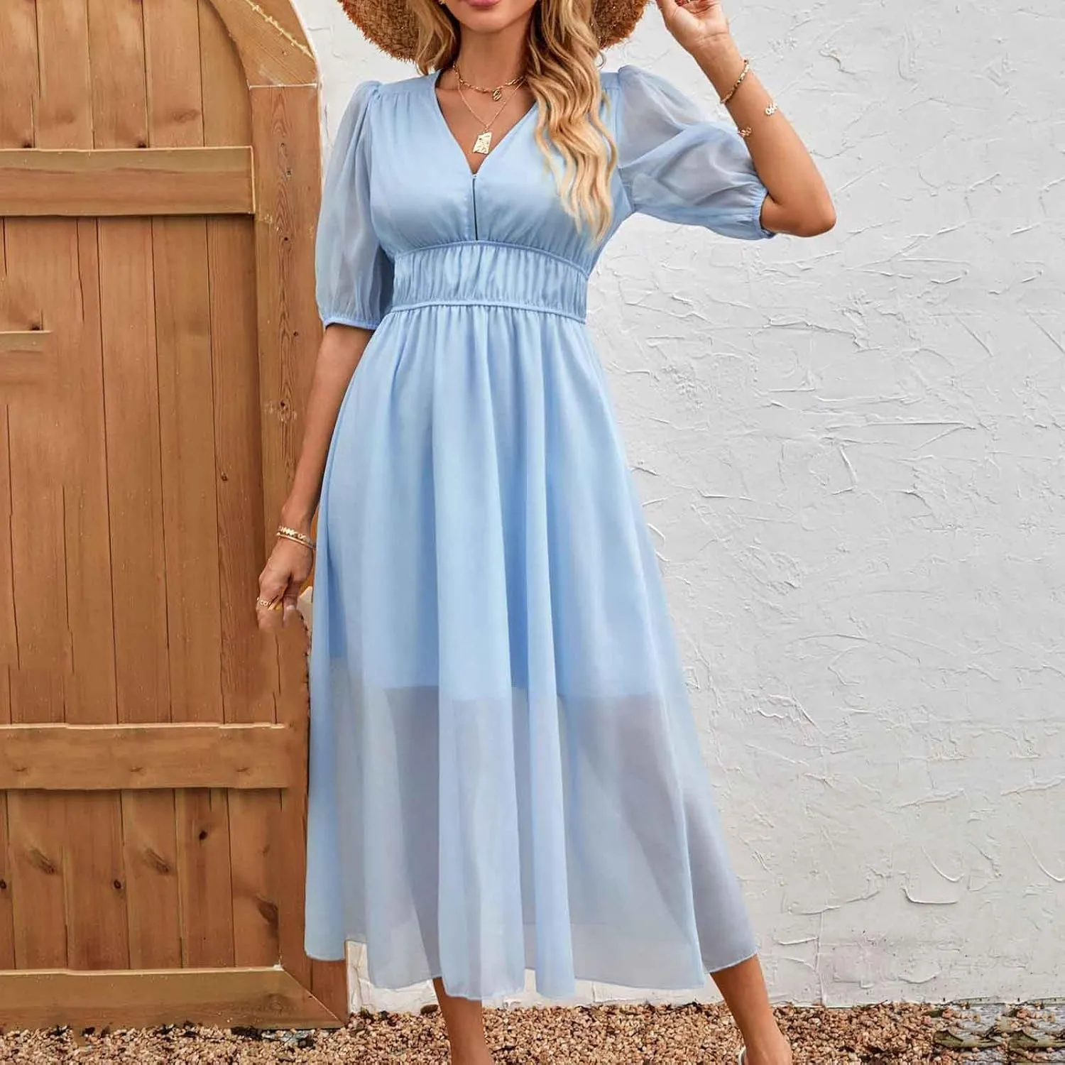 Women Puff Short Sleeve Chiffon Dress 2025 Summer V Neck Swing Boho Midi Dress Smocked Waist A Line Beach Sundress