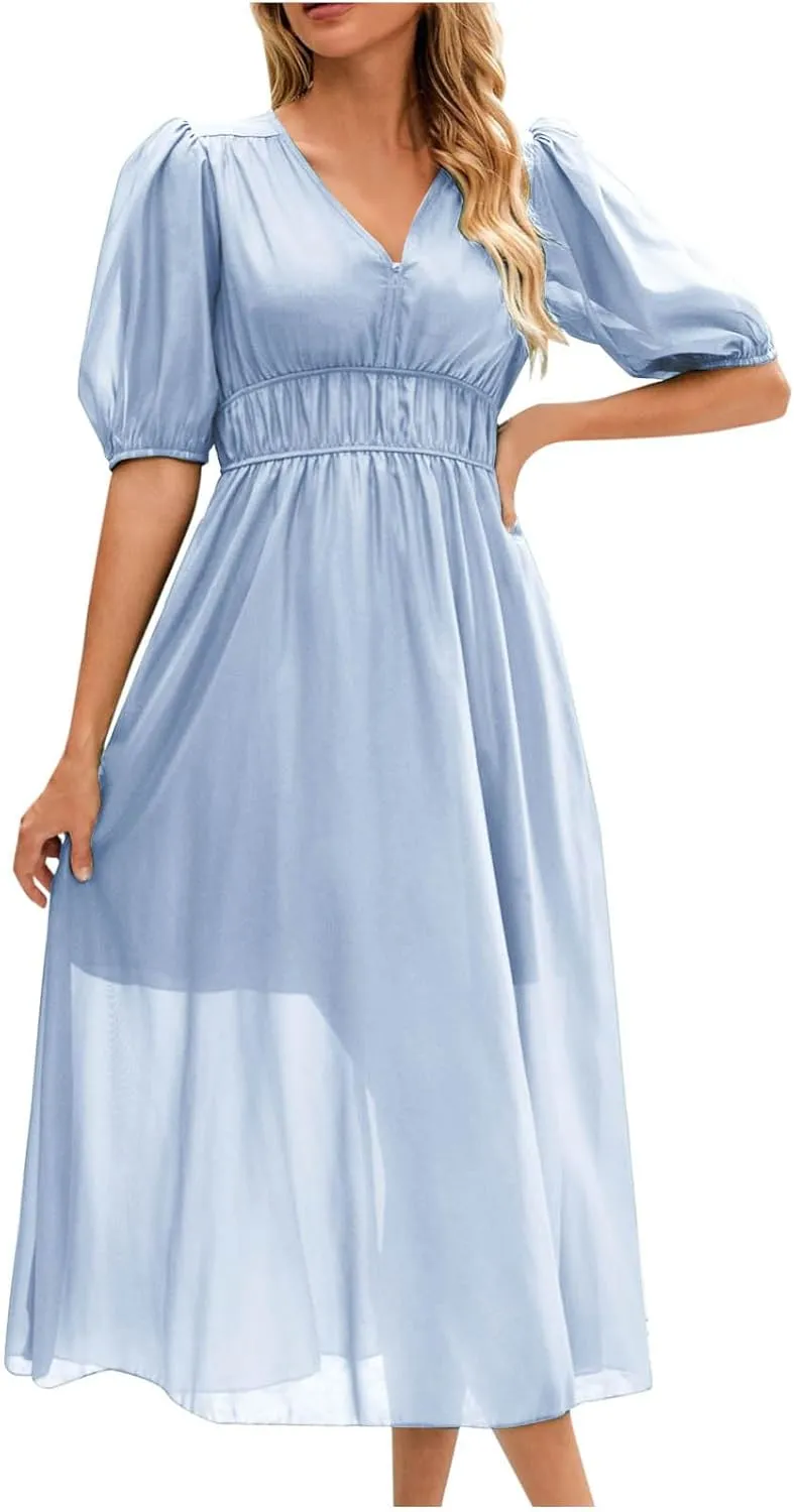 Women Puff Short Sleeve Chiffon Dress 2025 Summer V Neck Swing Boho Midi Dress Smocked Waist A Line Beach Sundress