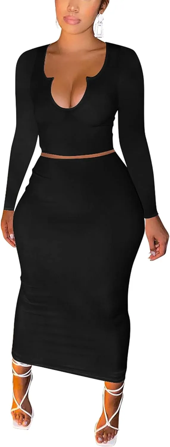 Women Sexy Two Piece Skirt Outfits Long Sleeve/Sleeveless V Neck Bodycon Ribbed Knitted Maxi Club Party Dress