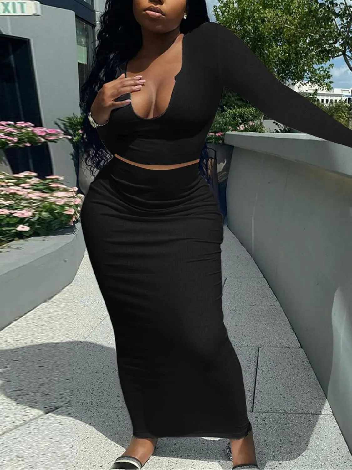 Women Sexy Two Piece Skirt Outfits Long Sleeve/Sleeveless V Neck Bodycon Ribbed Knitted Maxi Club Party Dress
