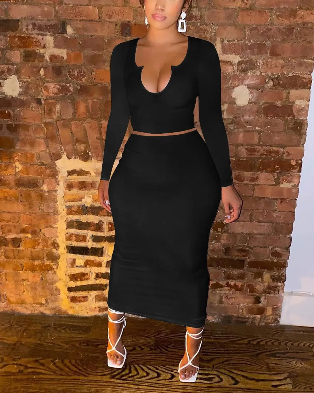 Women Sexy Two Piece Skirt Outfits Long Sleeve/Sleeveless V Neck Bodycon Ribbed Knitted Maxi Club Party Dress