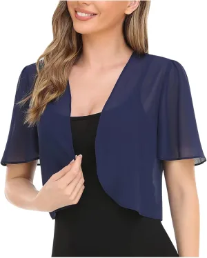 Women Short Sleeve Shrug Cropped Bolero Open Front Chiffon Cardigan for Evening Dress Casual Dressy Summer Crop Top